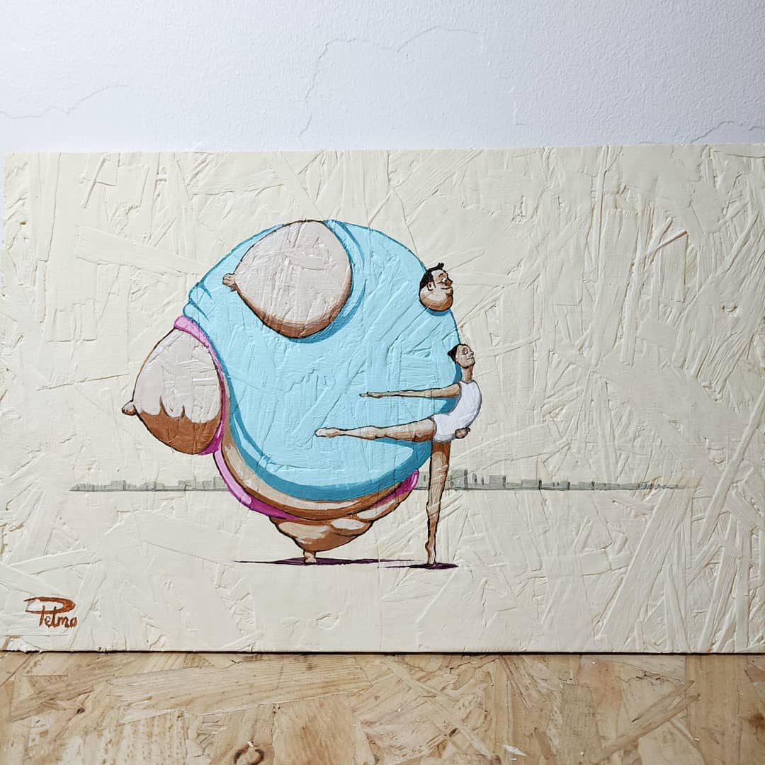 Painting of very large man and small woman dancing
